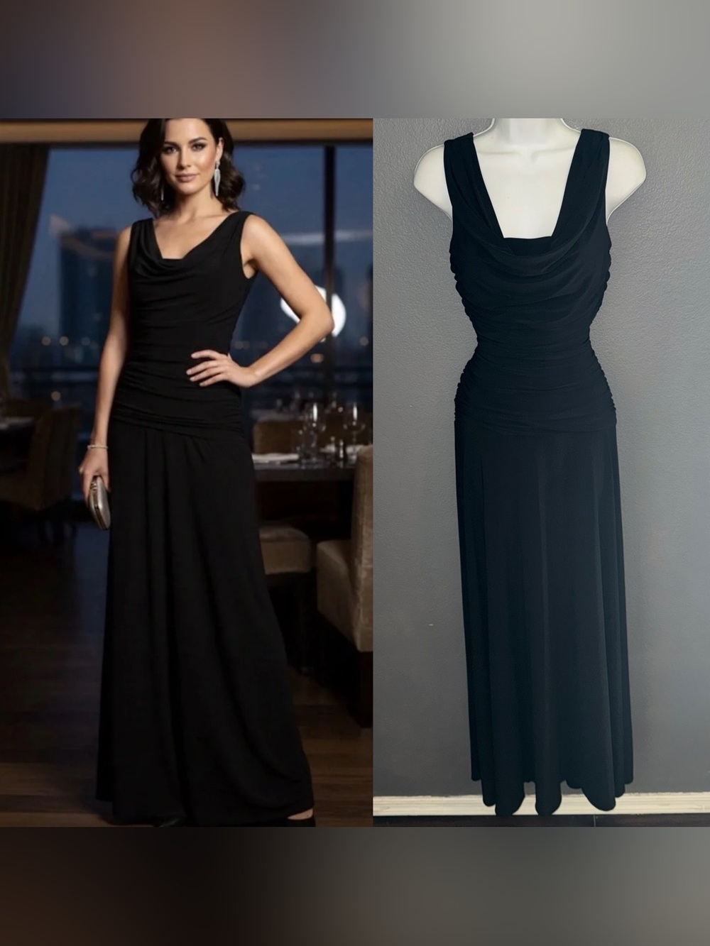 Nightway NW Formal Black Cowl Neck Ruched Maxi Dress Womens Small 6